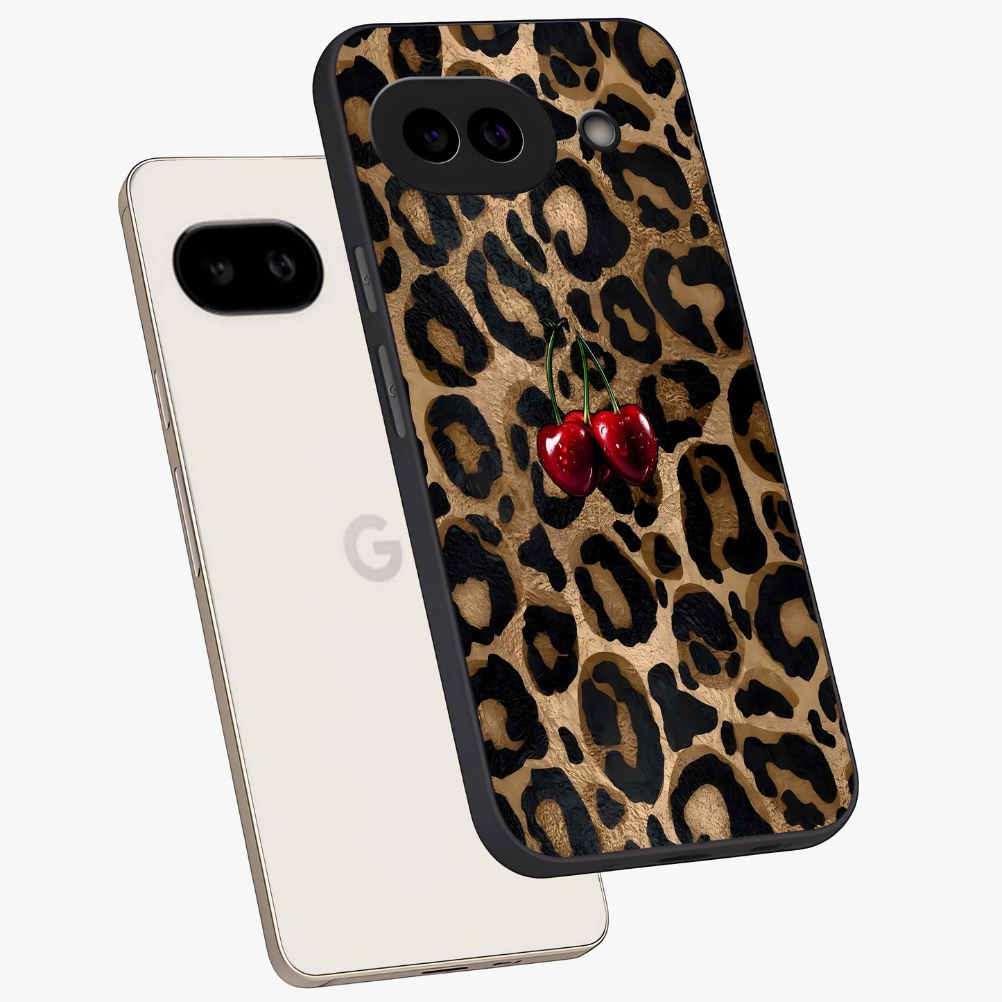 Leopard Wild Cherry Glass Case displayed in angled mockup highlighting bold animal print design with playful cherry aesthetic.