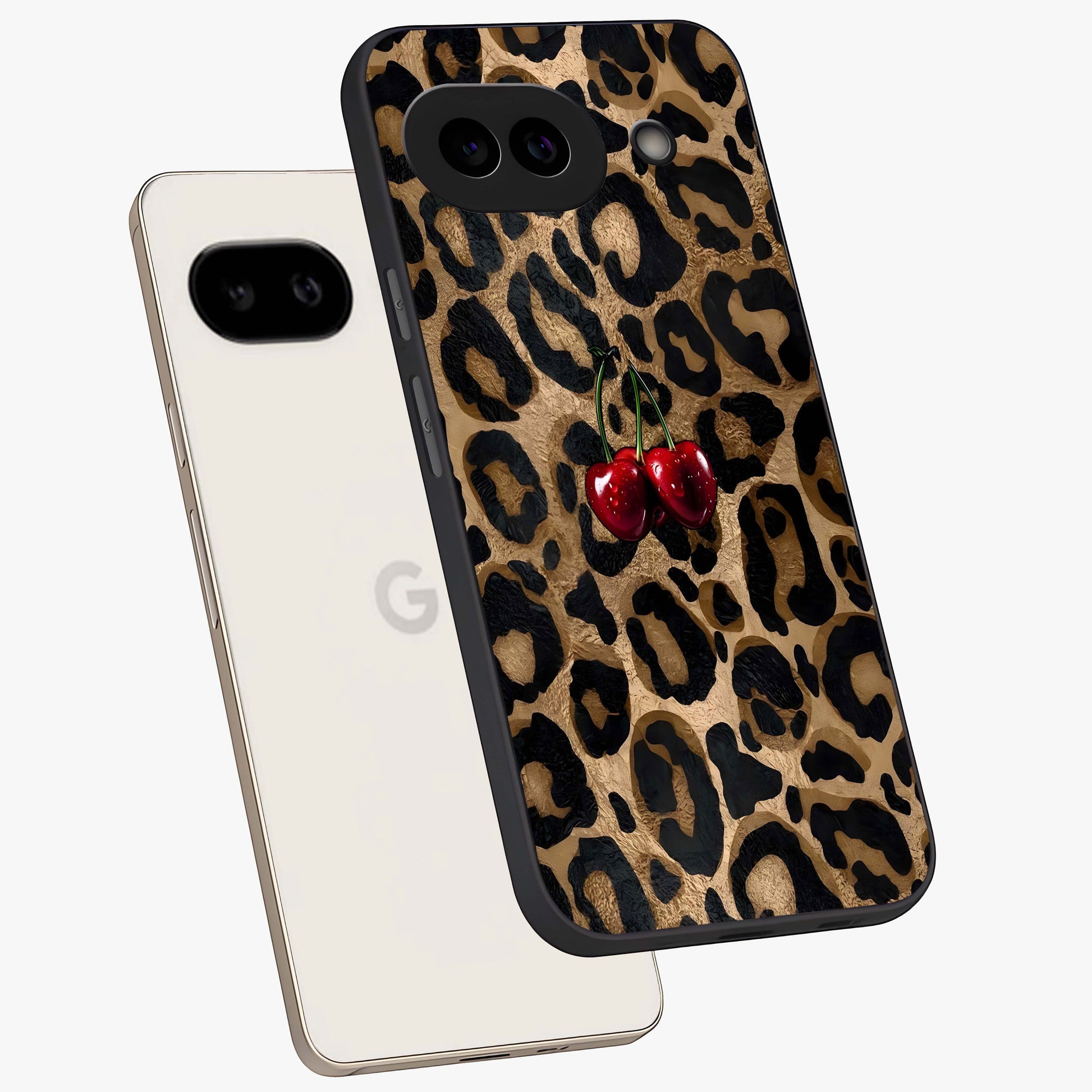 Leopard Wild Cherry Glass Case displayed in angled mockup highlighting bold animal print design with playful cherry aesthetic.