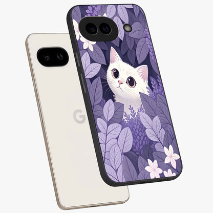 Lilac Hide Peek Cat Glass Case displayed in angled mockup highlighting playful feline illustration with lilac aesthetic design.