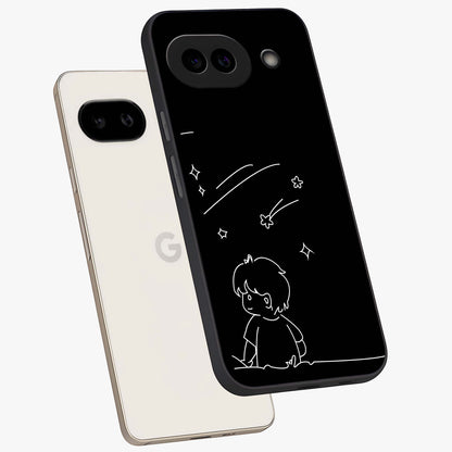 Line Art Boy With Shooting Stars Glass Case displayed in angled mockup highlighting elegant line art design with dreamy star aesthetic.
