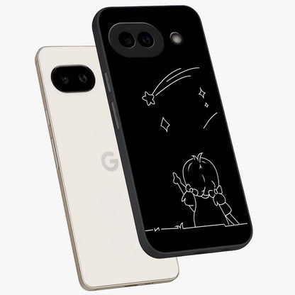 Line Art Girl With Shooting Stars Glass Case displayed in angled mockup highlighting elegant line art design with dreamy star aesthetic.