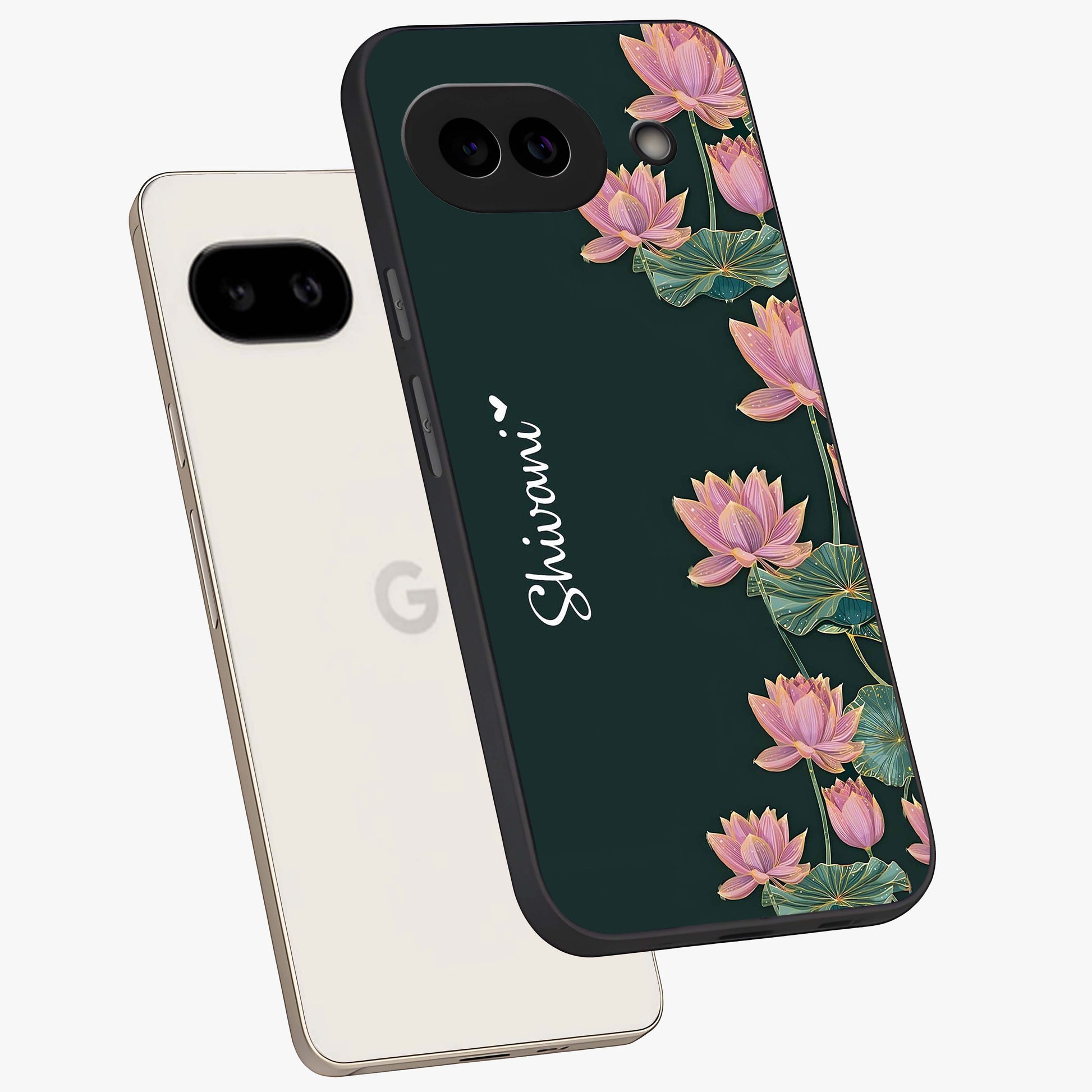 Lotus Bloom Serenity Custom Name Glass Case displayed in angled mockup highlighting graceful lotus illustration with custom name feature.