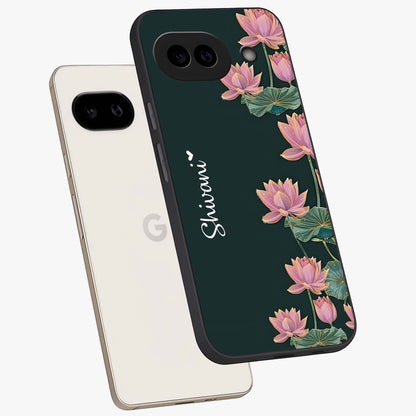 Lotus Bloom Serenity Custom Name Glass Case displayed in angled mockup highlighting graceful lotus illustration with custom name feature.