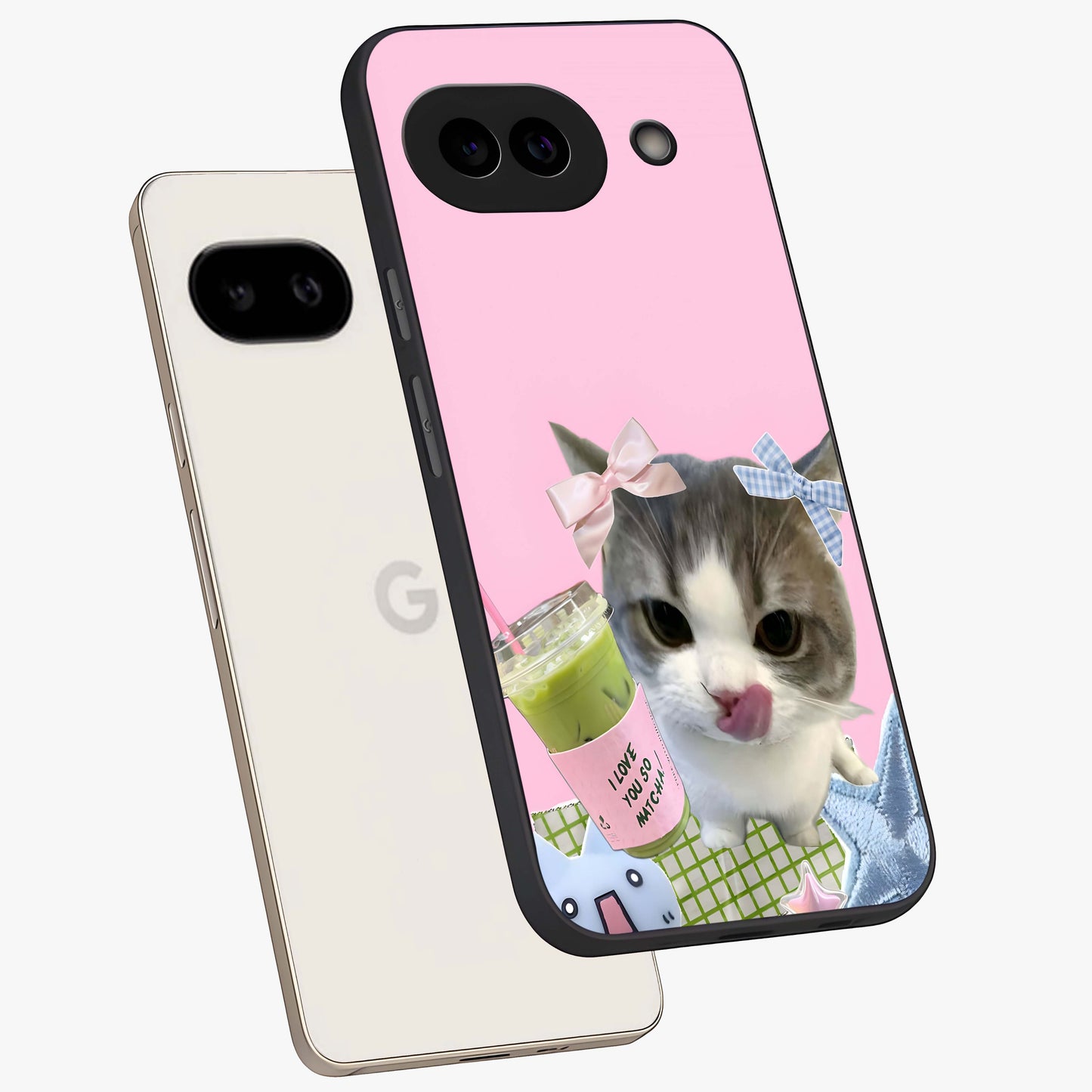 Love Matcha Cat Glass Case displayed in angled mockup highlighting playful feline illustration with cozy matcha aesthetic.
