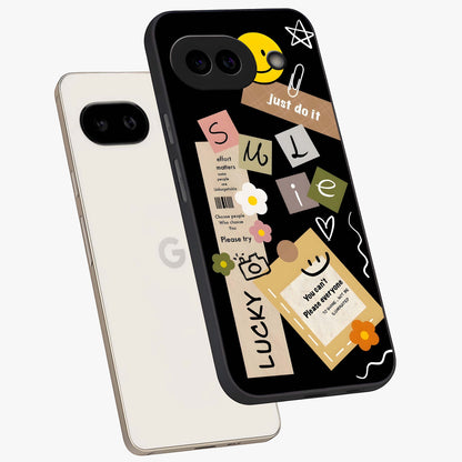 Lucky Aesthetic Collage Glass Case displayed in angled mockup highlighting stylish collage pattern with modern aesthetic vibe.