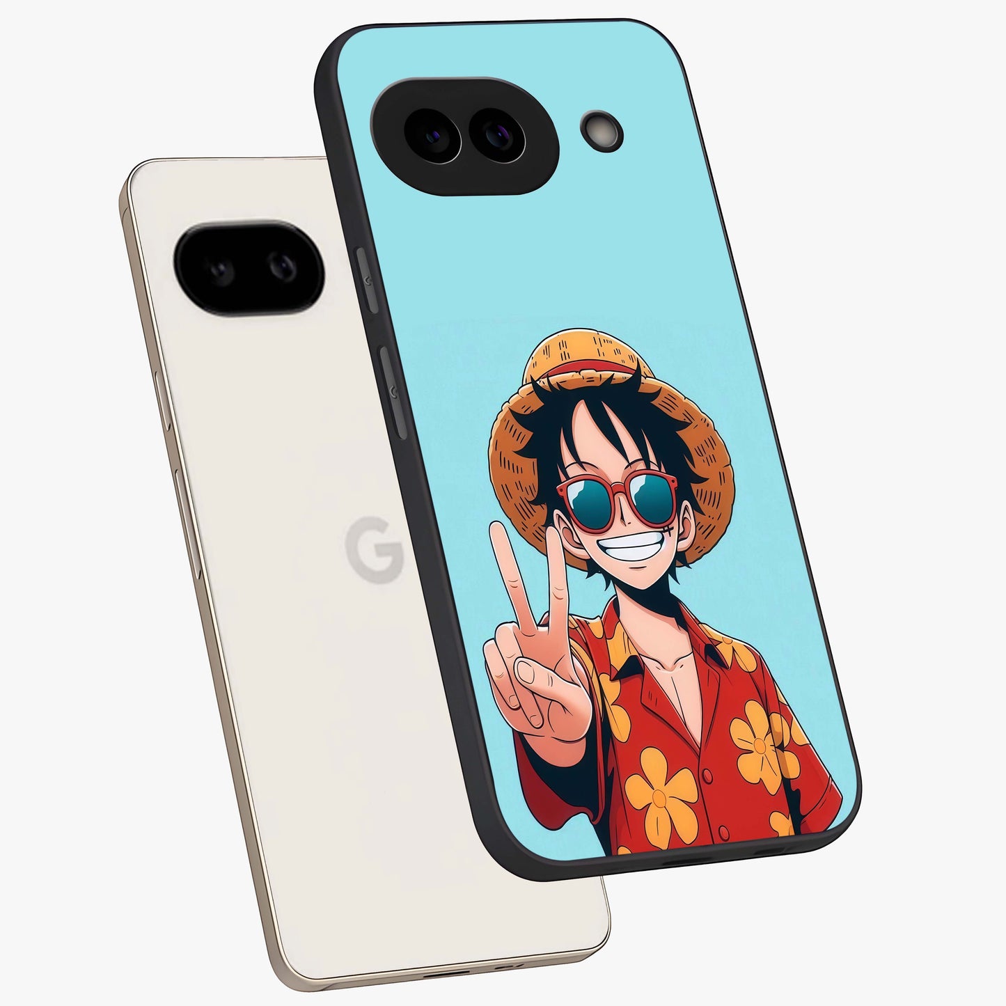 Luffy Summer Anime Vibe Glass Case displayed in angled mockup highlighting energetic anime illustration with summer vibe aesthetic.