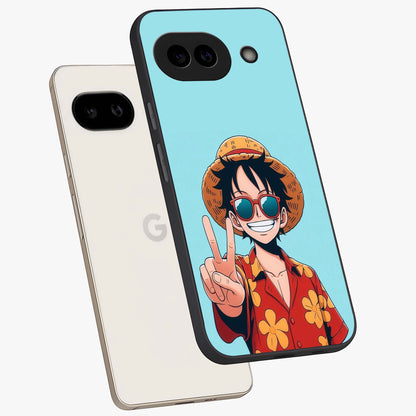 Luffy Summer Anime Vibe Glass Case displayed in angled mockup highlighting energetic anime illustration with summer vibe aesthetic.