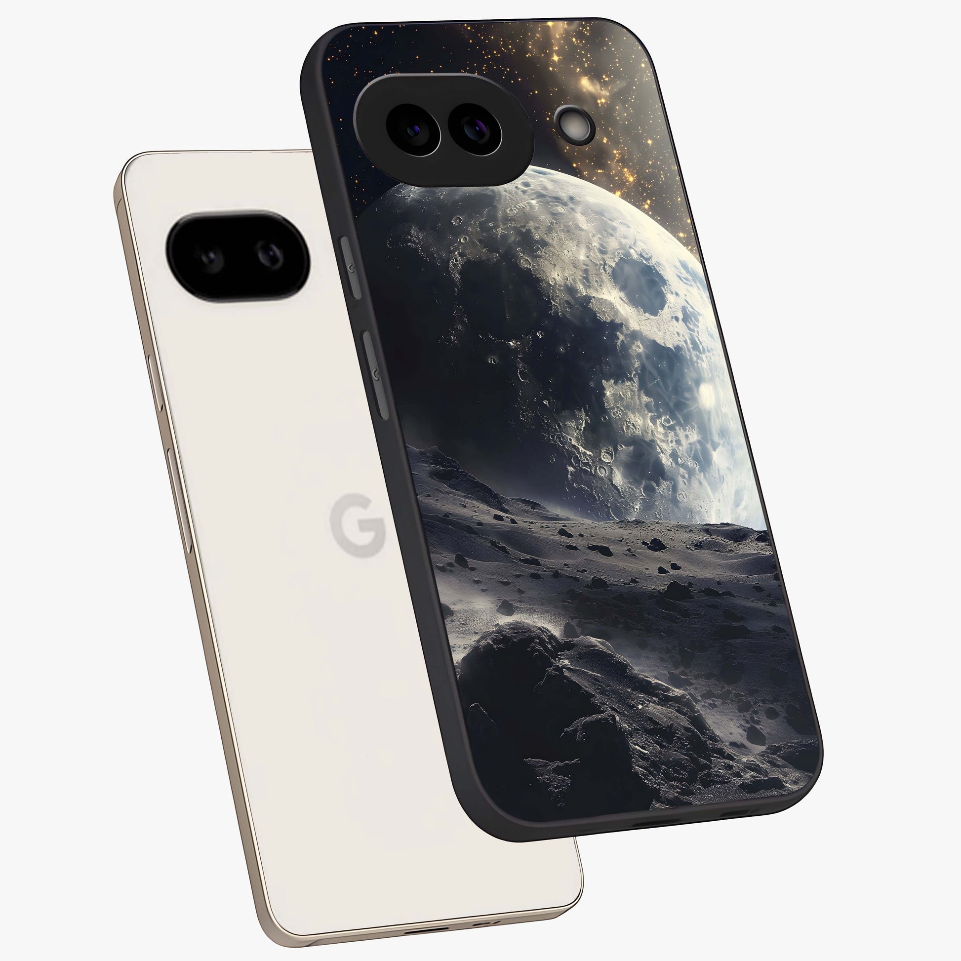 Lunar Horizon Glow Glass Case displayed in angled mockup highlighting celestial moon design with dreamy night aesthetic.