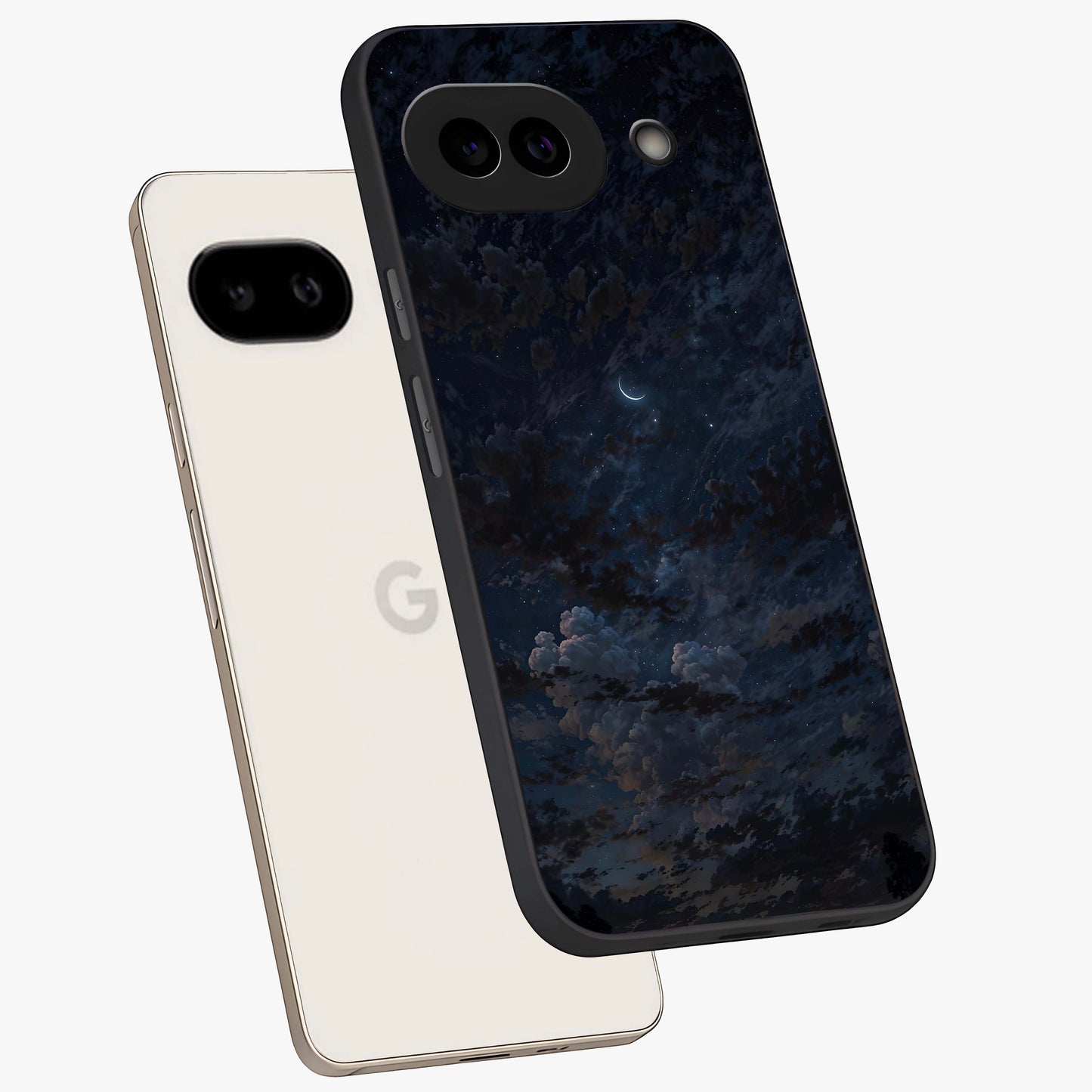 Lunar Veil Silence Glass Case displayed in angled mockup highlighting soft lunar design with peaceful celestial aesthetic.