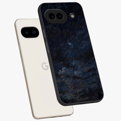 Lunar Veil Silence Glass Case displayed in angled mockup highlighting soft lunar design with peaceful celestial aesthetic.