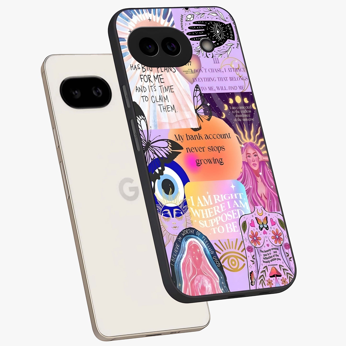 Manifestation Collage Glass Case displayed in angled mockup highlighting inspirational aesthetic collage design.