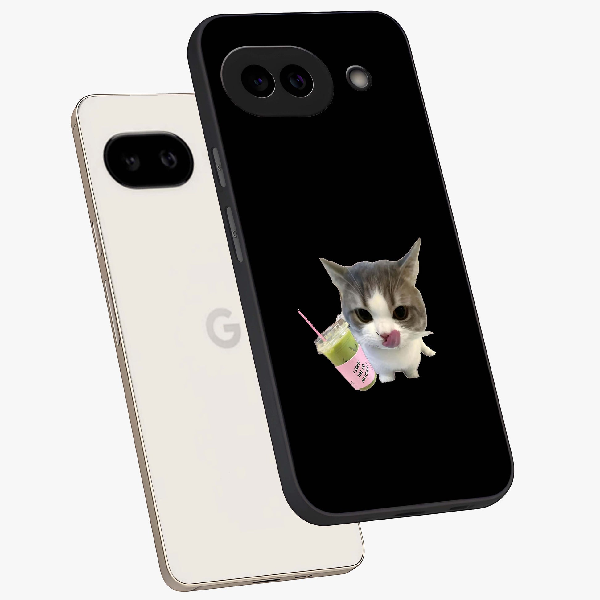 Matcha Cat Style Glass Case displayed in angled mockup highlighting playful feline design with pastel matcha aesthetic.