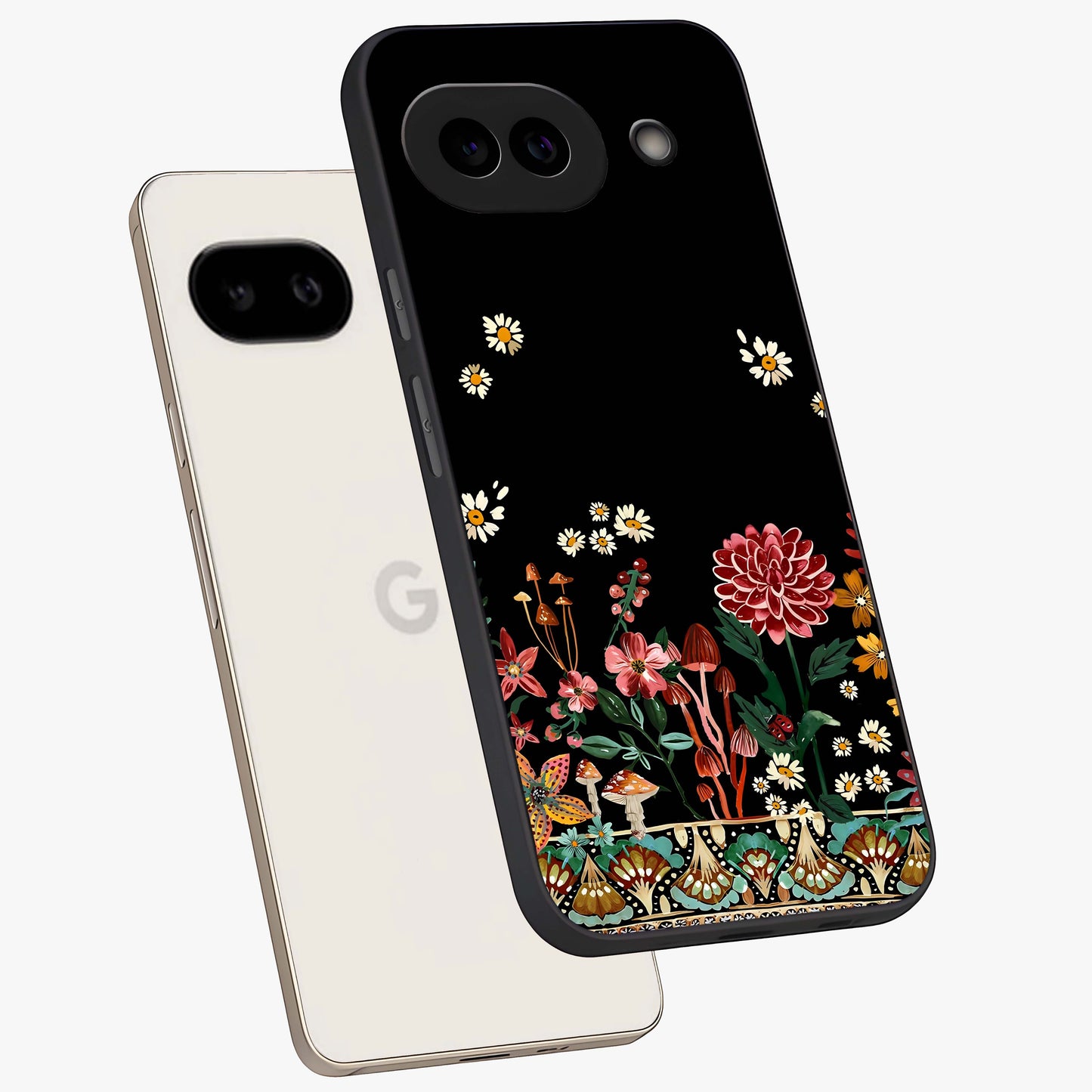 Midnight Bloom Pattern Glass Case displayed in angled mockup highlighting elegant flower design with midnight aesthetic style.