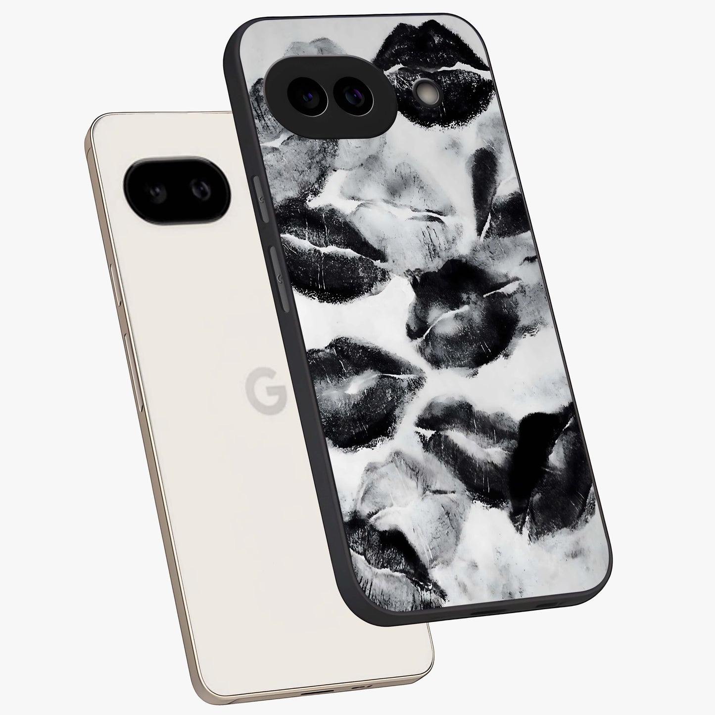 Midnight Kiss Marks Glass Case displayed in angled mockup highlighting playful romantic design with bold midnight aesthetic.