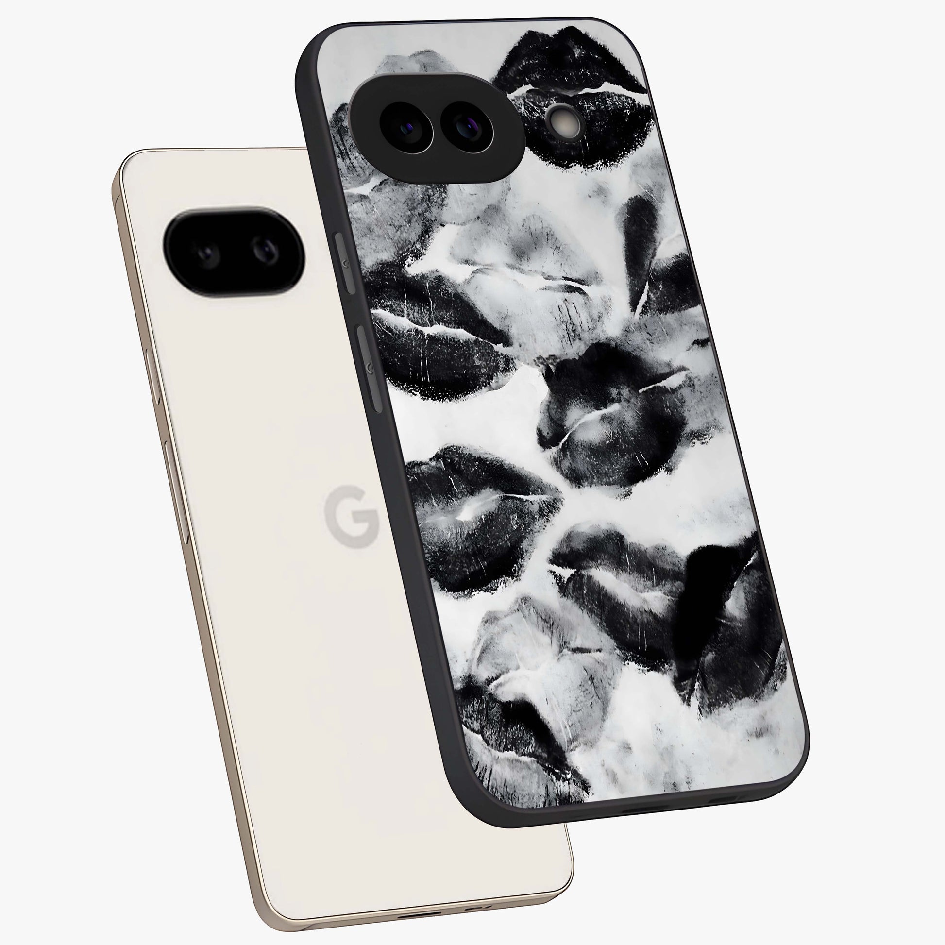 Midnight Kiss Marks Glass Case displayed in angled mockup highlighting playful romantic design with bold midnight aesthetic.