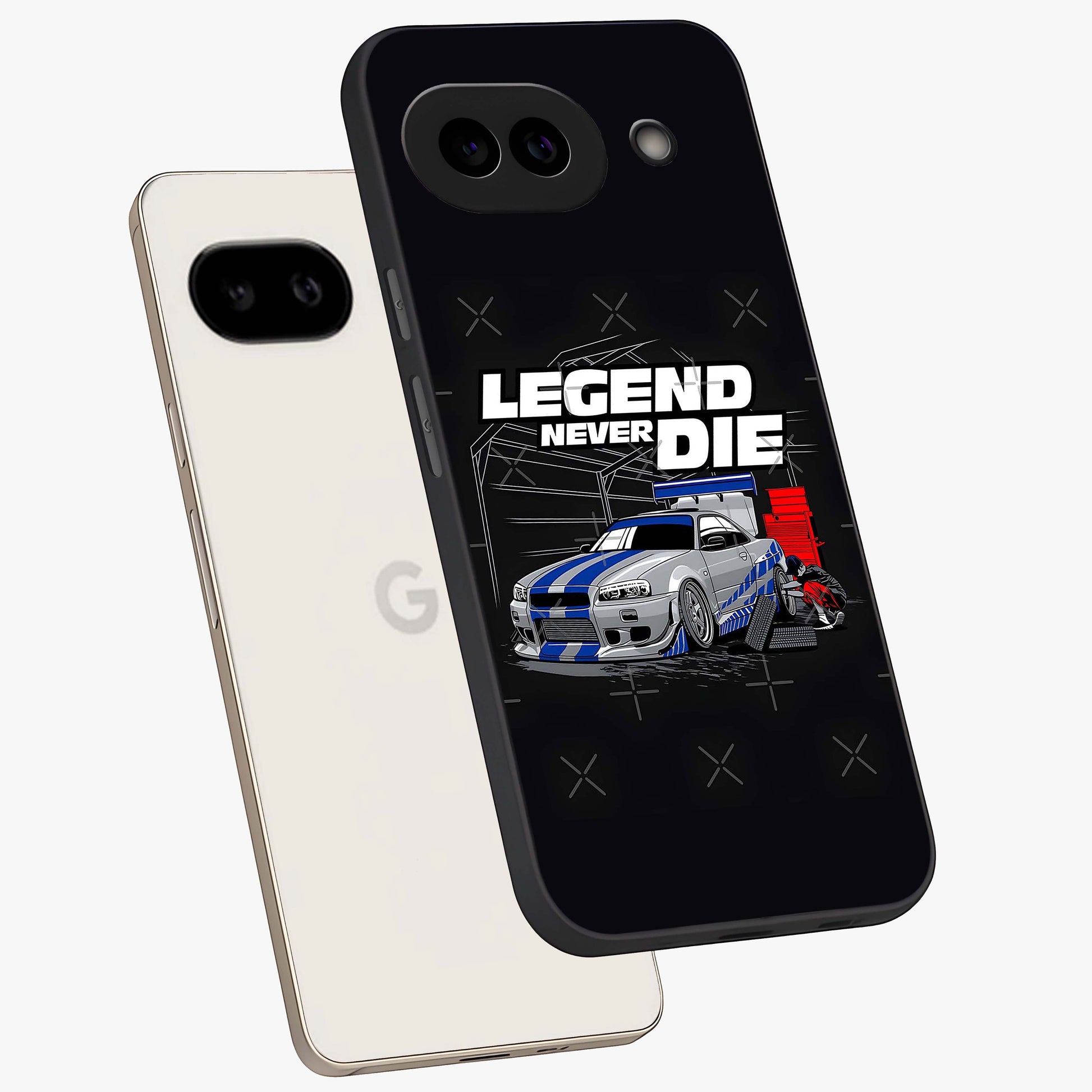 Midnight Racing Legacy Glass Case displayed in angled mockup highlighting dynamic automotive design with bold midnight aesthetic.