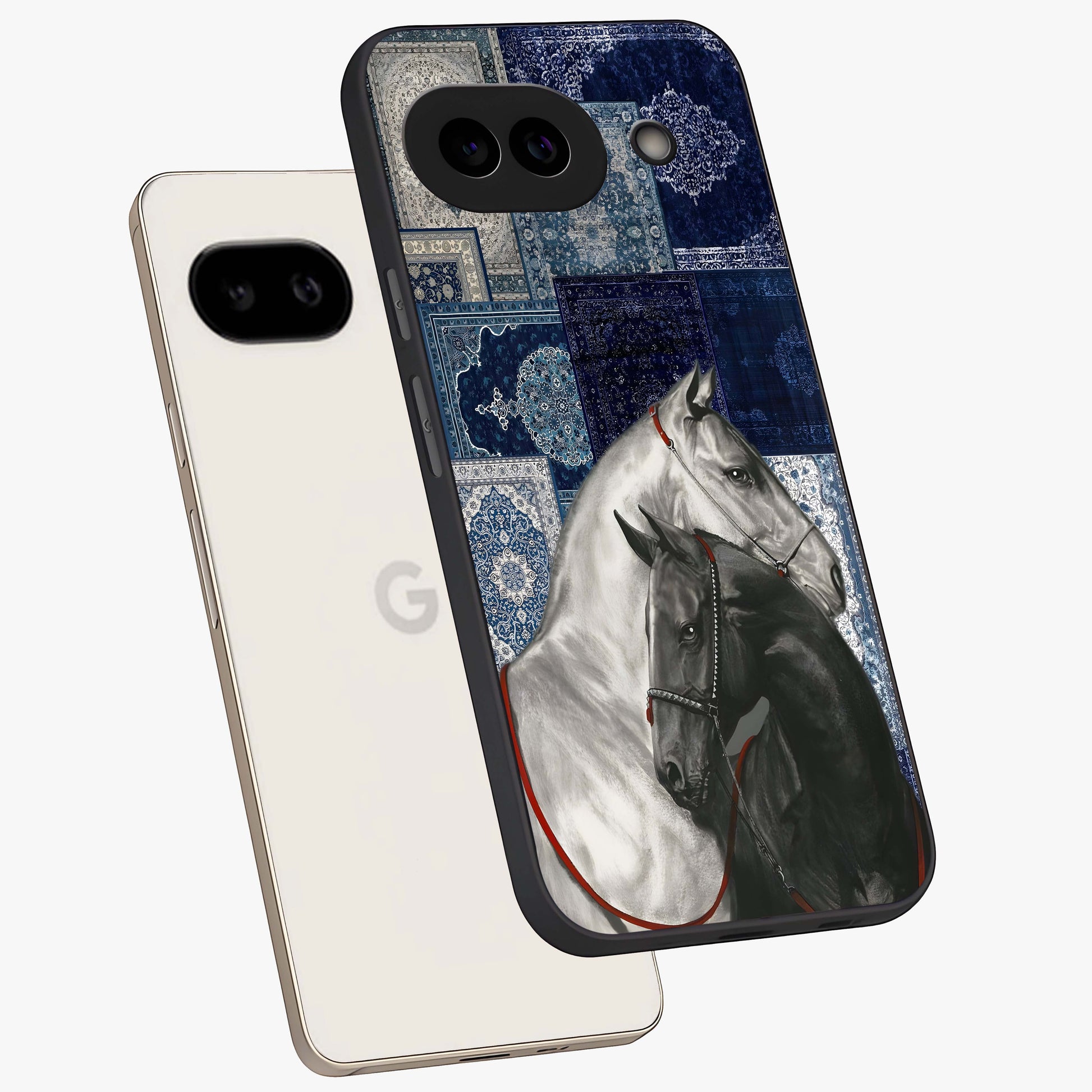 Midnight Stallion Blues Glass Case displayed in angled mockup highlighting powerful stallion illustration with deep midnight tones.
