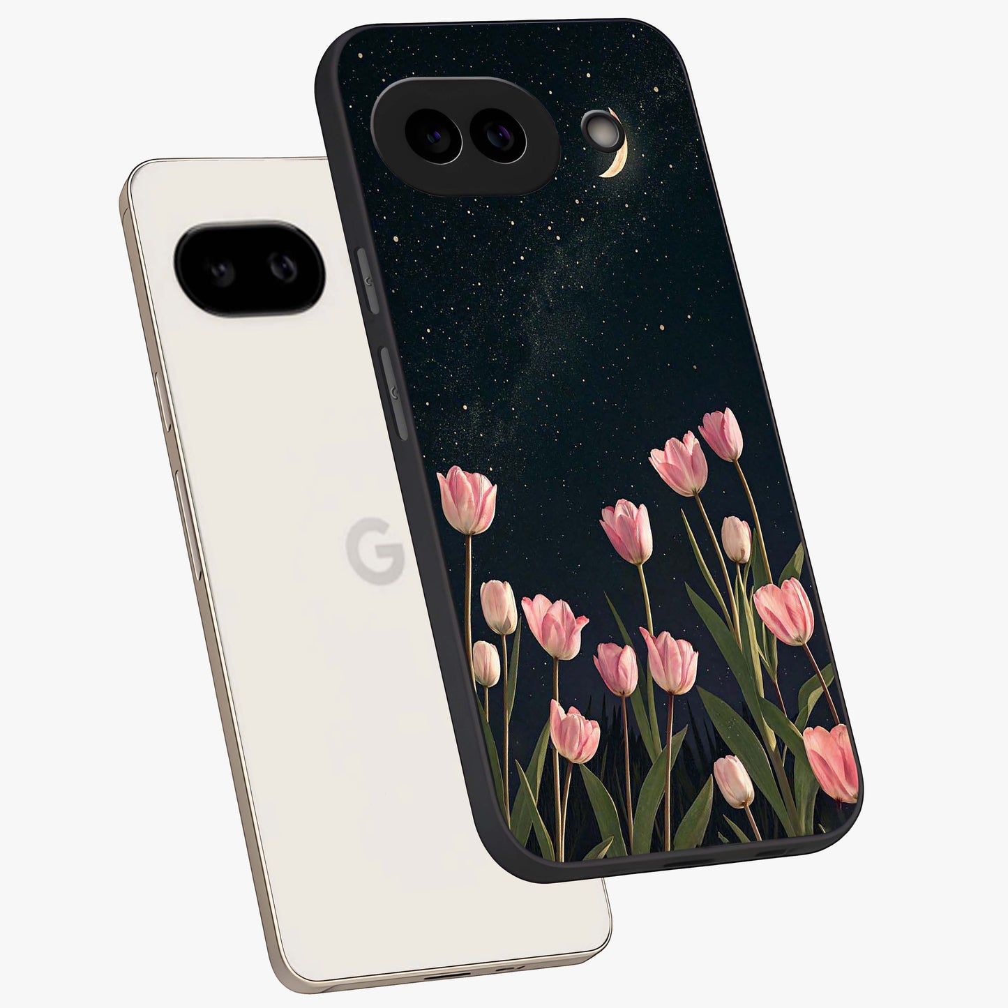 Midnight Tulip Whispers Vibe Glass Case displayed in angled mockup highlighting delicate tulip design with midnight floral aesthetic.