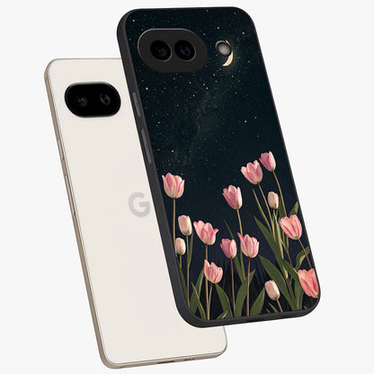 Midnight Tulip Whispers Vibe Glass Case displayed in angled mockup highlighting delicate tulip design with midnight floral aesthetic.