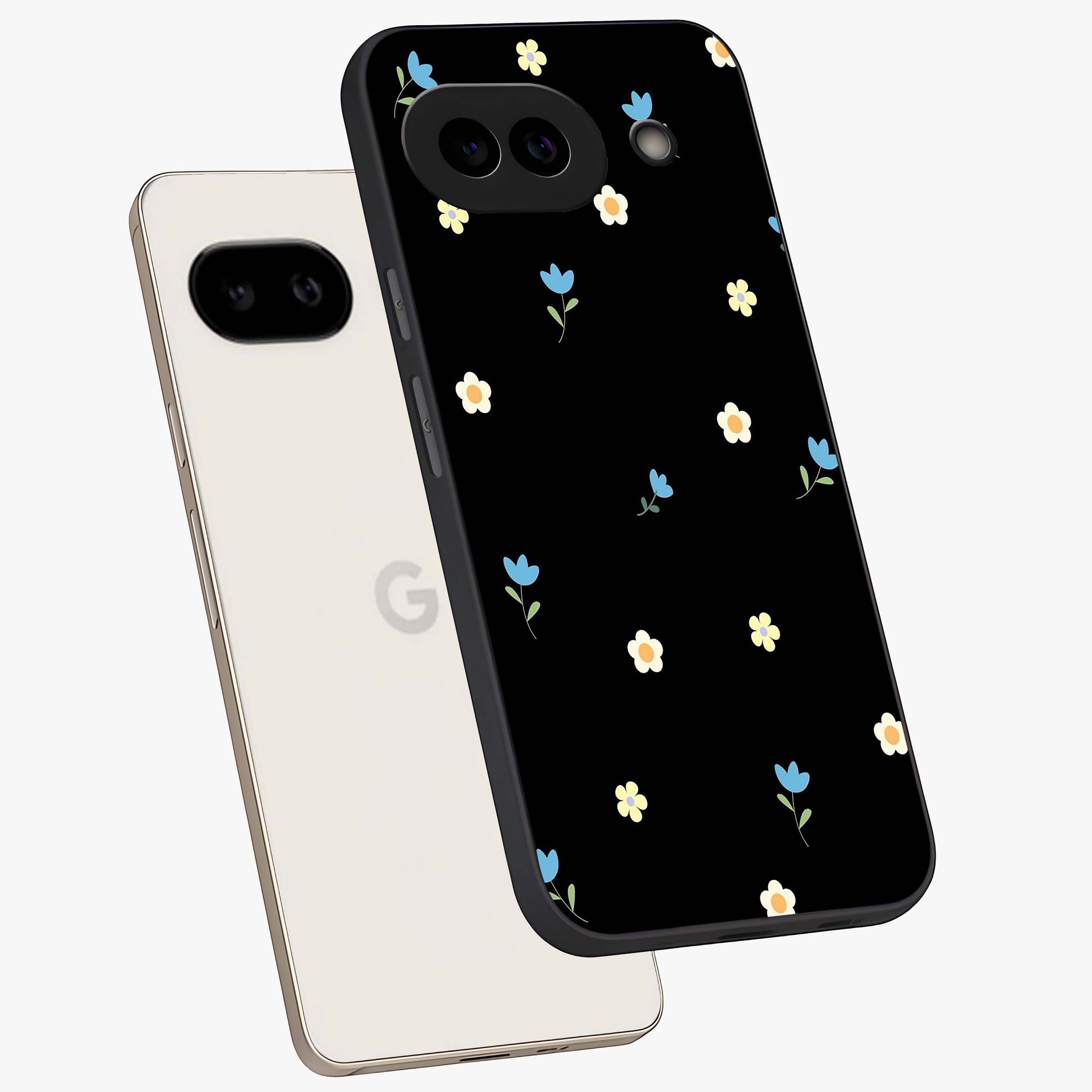 Minimal Petal Whispers Glass Case displayed in angled mockup highlighting delicate petal design with clean minimal aesthetic.