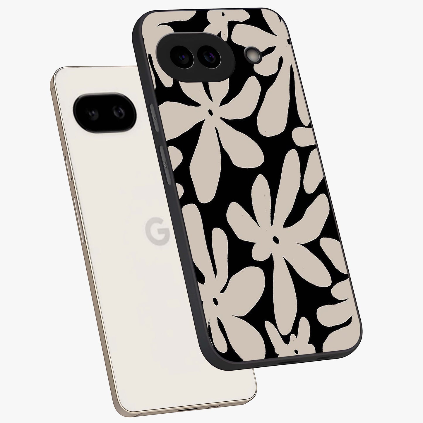 Monochrome Petal Dance Glass Case displayed in angled mockup highlighting elegant petal design with black and white aesthetic.