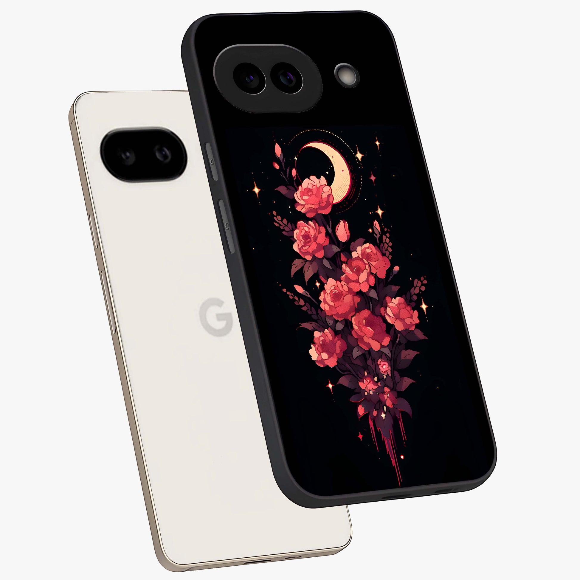 Moonlit Floral Elegance Glass Case displayed in angled mockup highlighting graceful flower design with soft moonlight aesthetic.