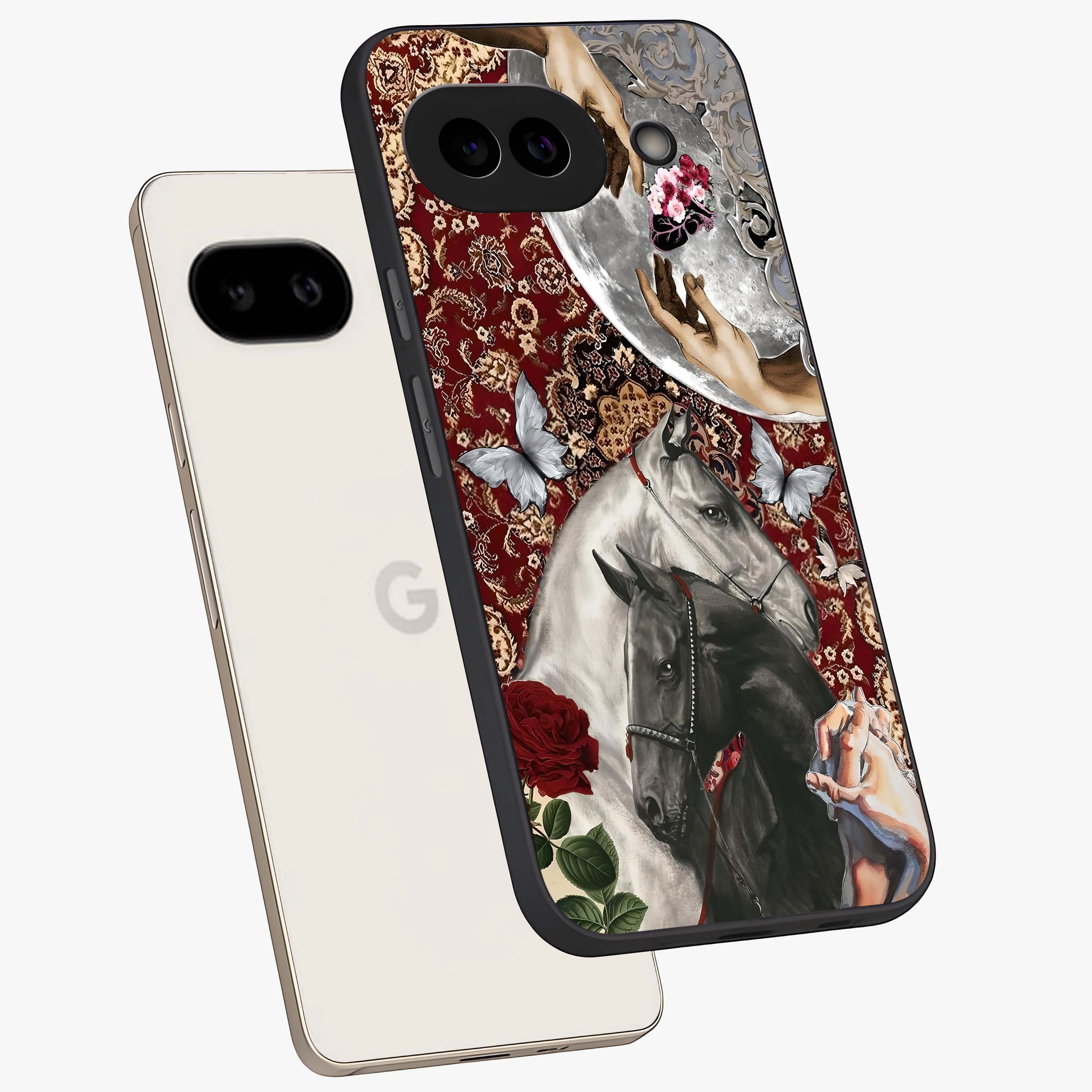 Moonlit Royal Stallion Glass Case displayed in angled mockup highlighting powerful stallion illustration with royal night aesthetic.