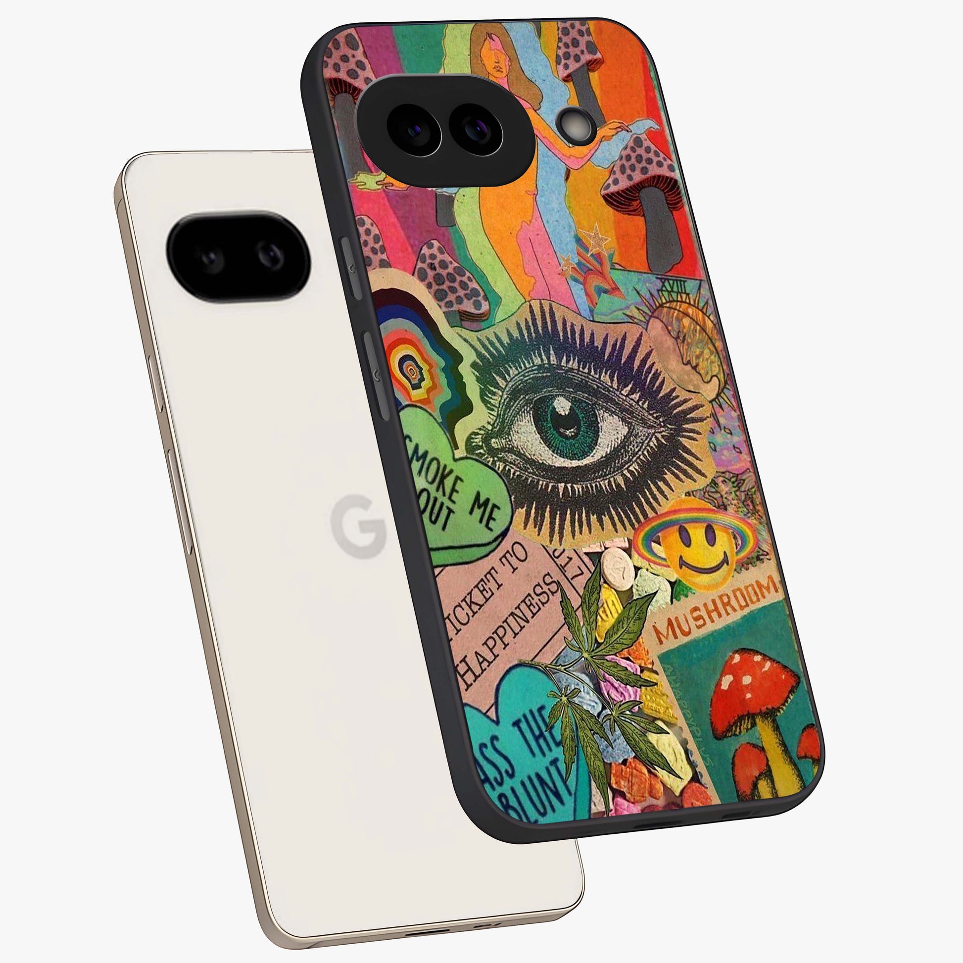 Mystic Eye Wonderland Glass Case displayed in angled mockup highlighting magical eye illustration with dreamy aesthetic.