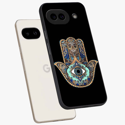 Mystic Hamsa Eye Glass Case displayed in angled mockup highlighting spiritual hamsa symbol with mystical aesthetic style.