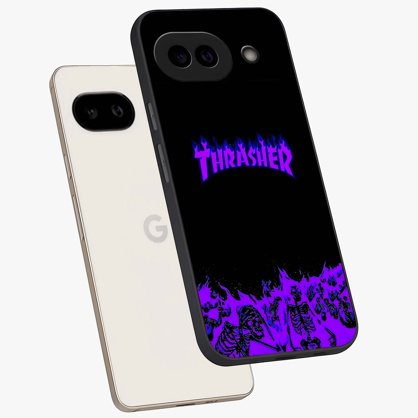 Neon Flame Riot Glass Case displayed in angled mockup highlighting glowing flame design with vibrant neon aesthetic.