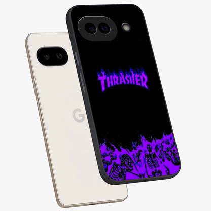 Neon Flame Riot Glass Case displayed in angled mockup highlighting glowing flame design with vibrant neon aesthetic.