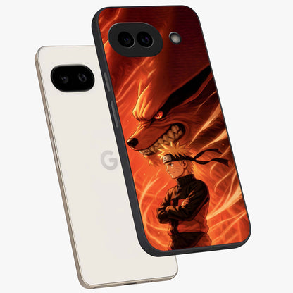 Nine Tails Legacy Glass Case displayed in angled mockup highlighting dynamic anime beast illustration with bold mystical aesthetic.