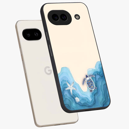 Ocean Drift Turtle Glass Case displayed in angled mockup highlighting peaceful ocean turtle illustration with marine aesthetic.