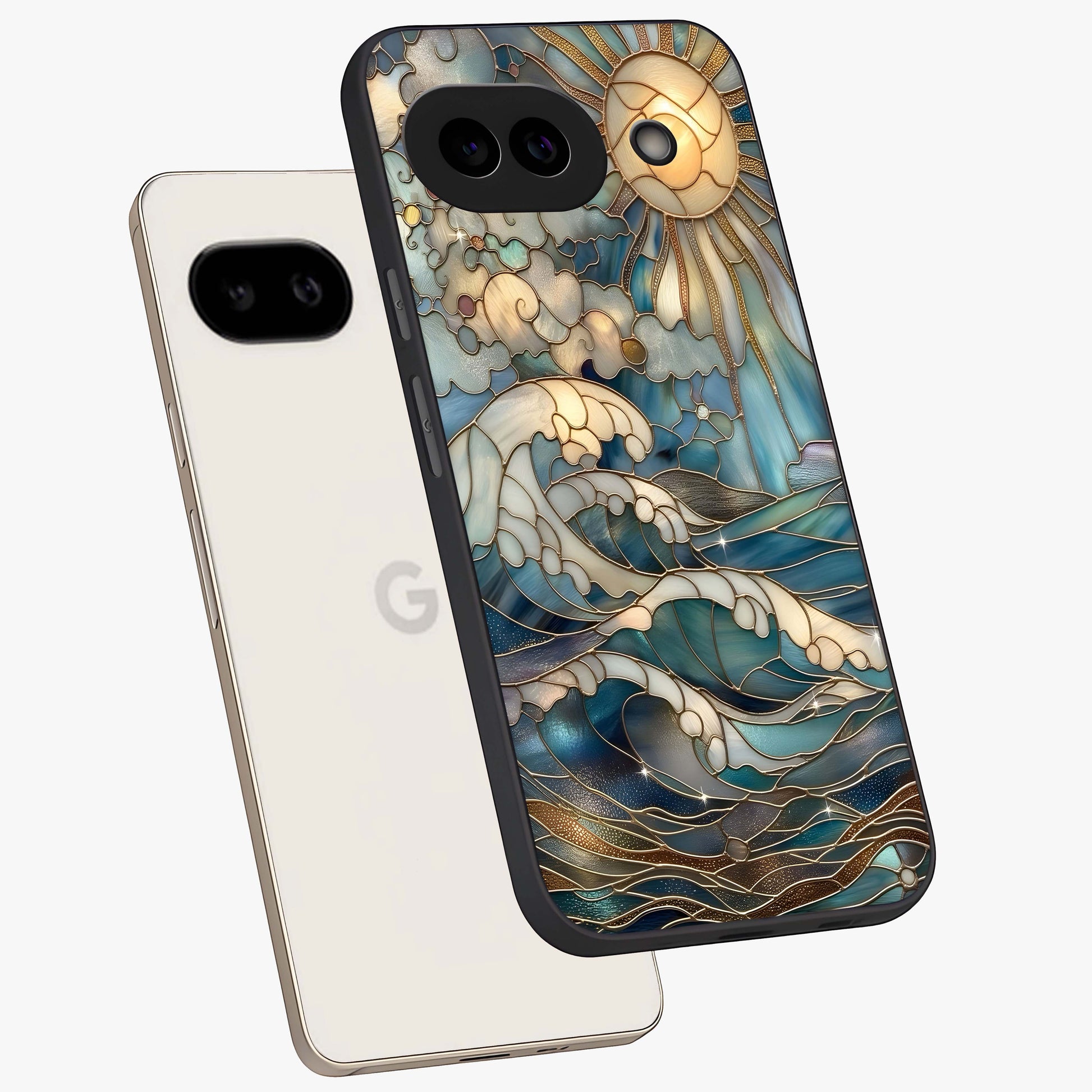 Oceanic Stained Printed Glass Case displayed in angled mockup highlighting colorful aquatic design with artistic aesthetic style.