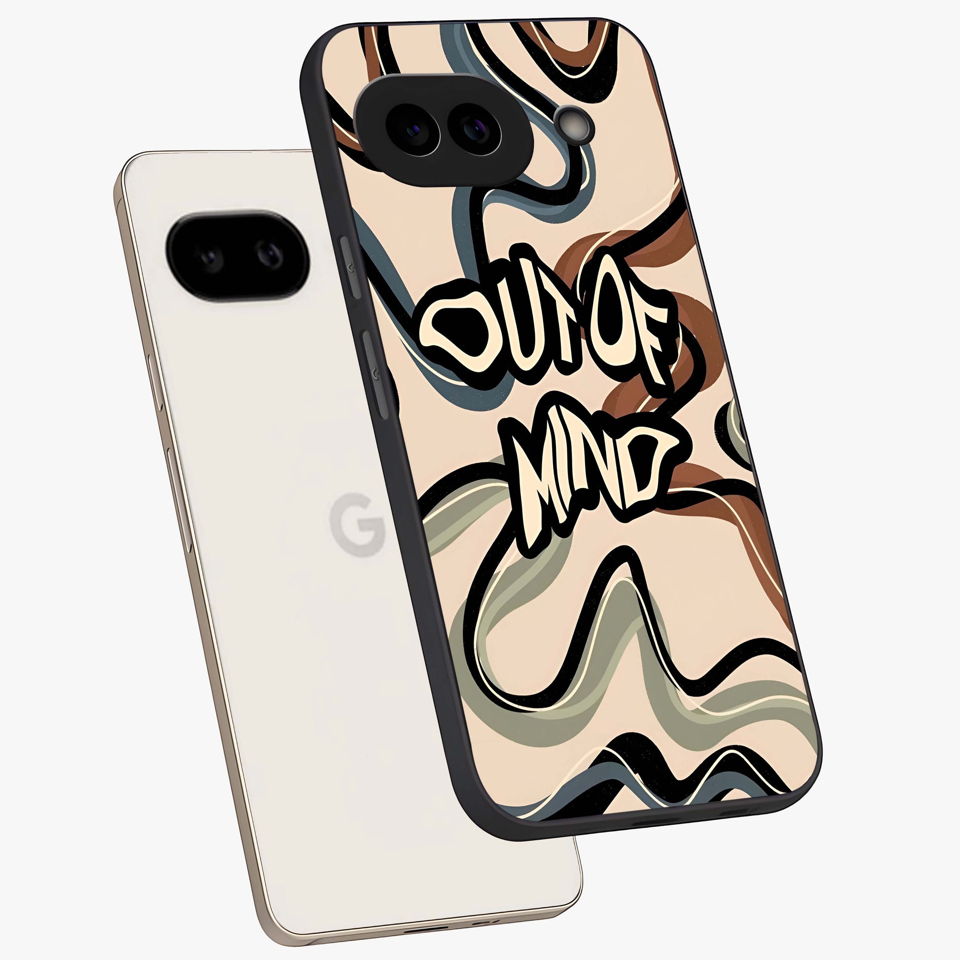 Out Of Mind Glass Case displayed in angled mockup highlighting bold statement design with modern artistic aesthetic.