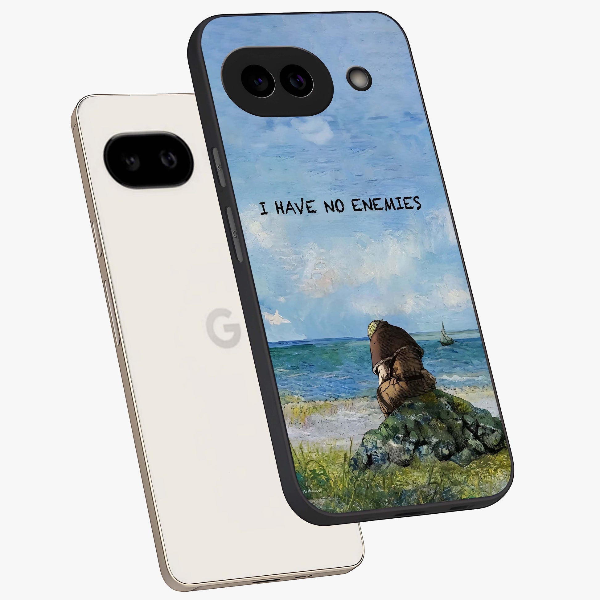 Peace Beyond War Glass Case displayed in angled mockup highlighting meaningful message design with artistic aesthetic style.