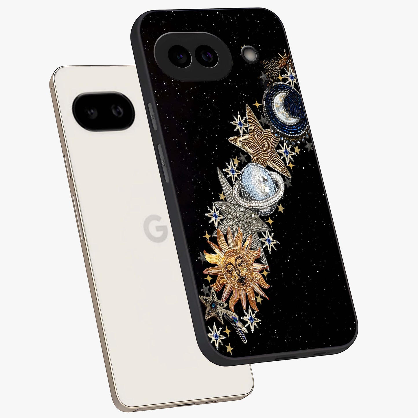Pearls Universe Object Glass Case displayed in angled mockup highlighting celestial pearl design with dreamy aesthetic.