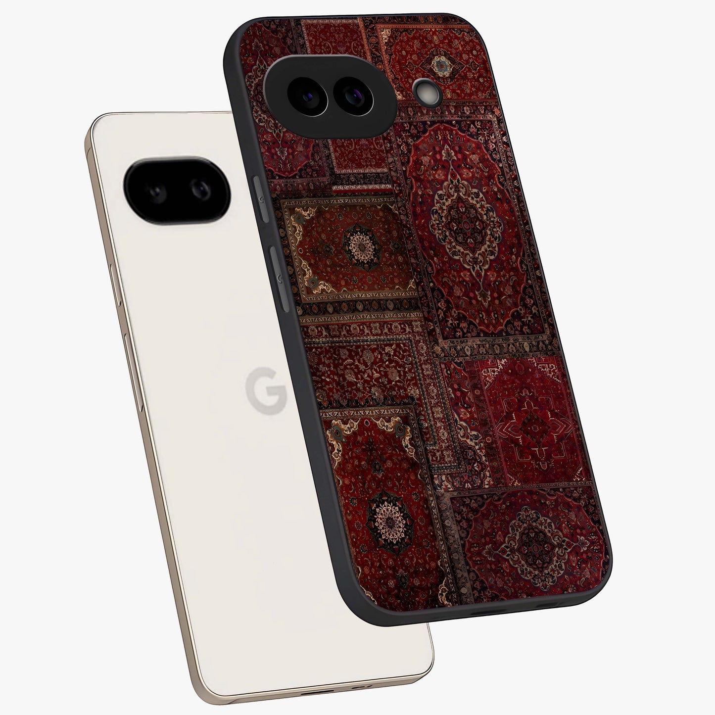 Persian Velvet Tale Glass Case displayed in angled mockup highlighting ornate textile inspired design with royal aesthetic.