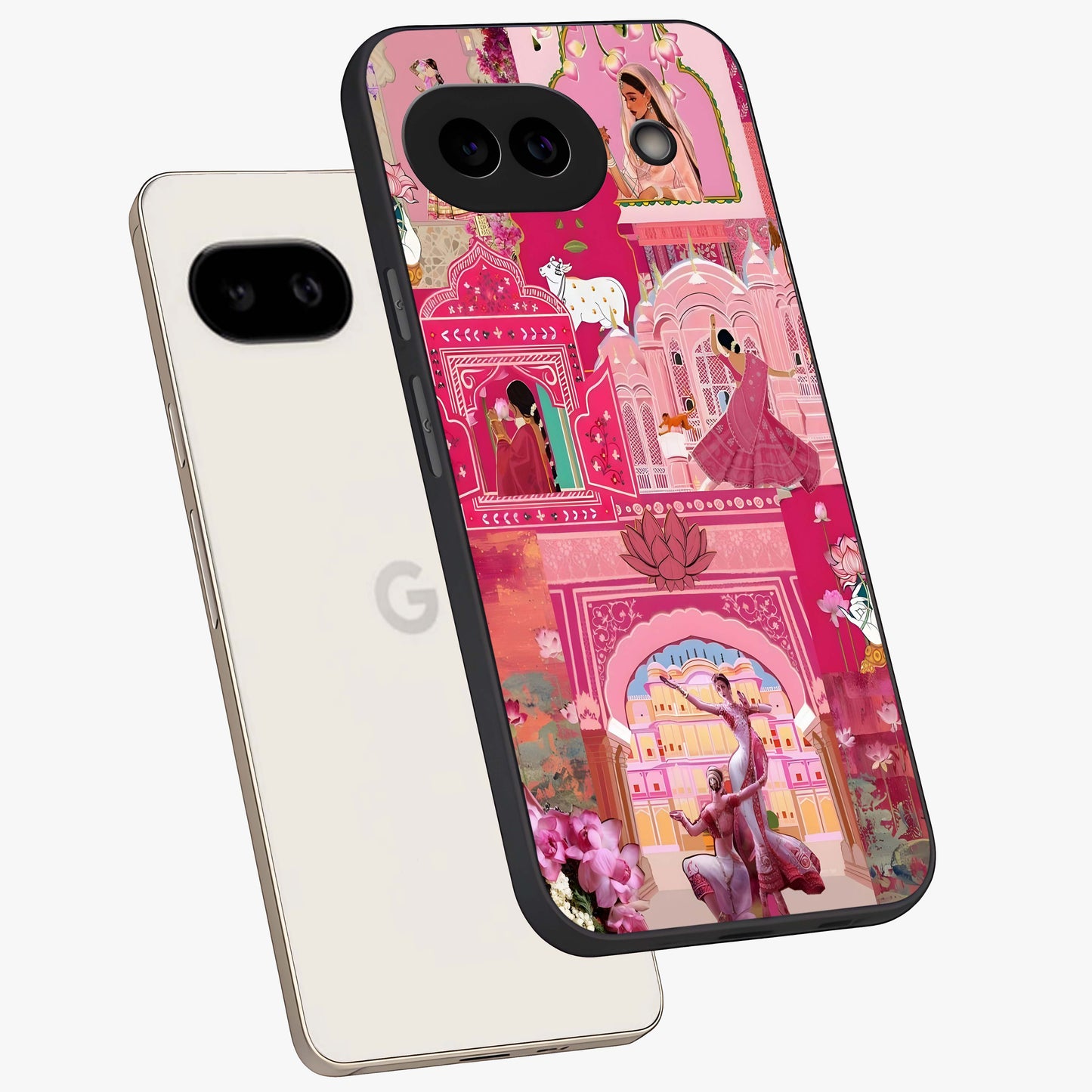 Pink Palace Muse Glass Case displayed in angled mockup highlighting dreamy palace illustration with soft pink aesthetic.