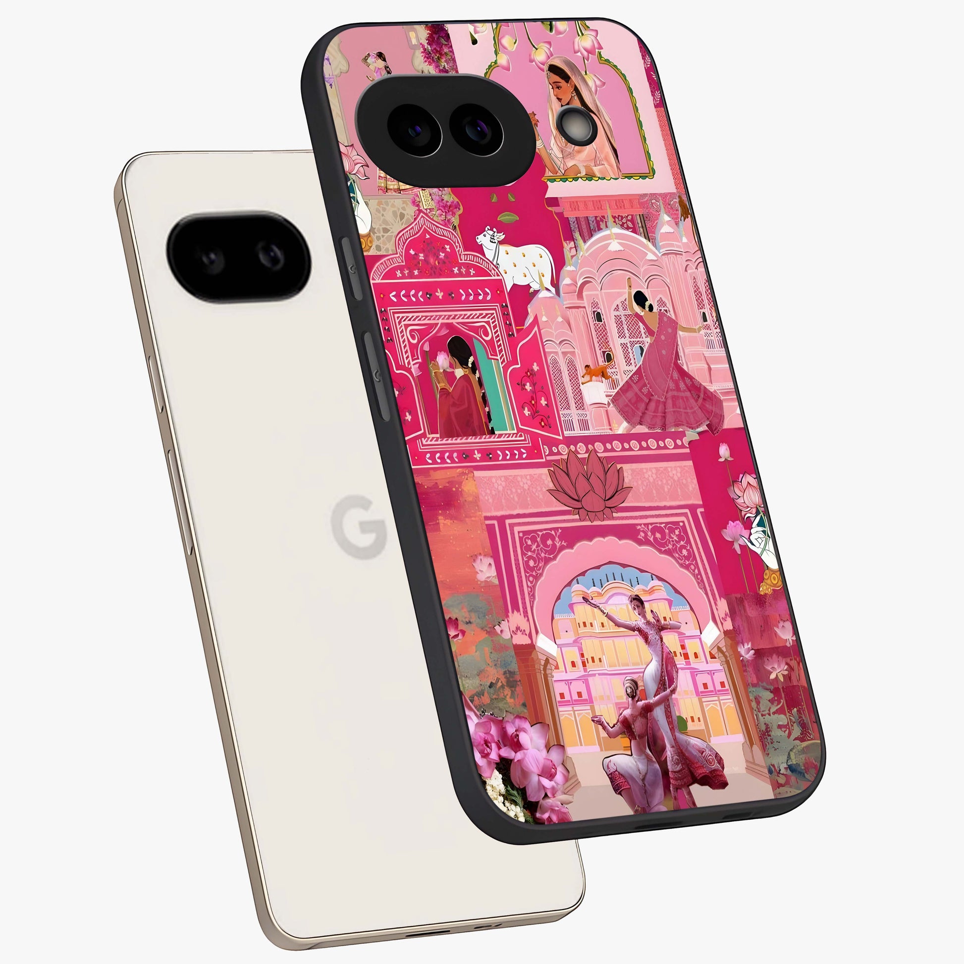 Pink Palace Muse Glass Case displayed in angled mockup highlighting dreamy palace illustration with soft pink aesthetic.