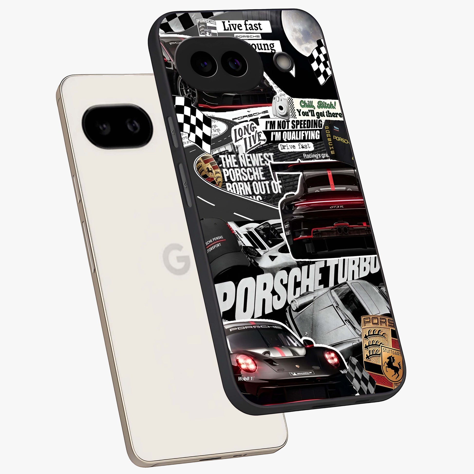 Porsche Racing Collage Glass Case displayed in angled mockup highlighting dynamic automotive design with bold racing aesthetic.