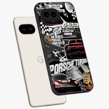 Porsche Racing Collage Glass Case displayed in angled mockup highlighting dynamic automotive design with bold racing aesthetic.