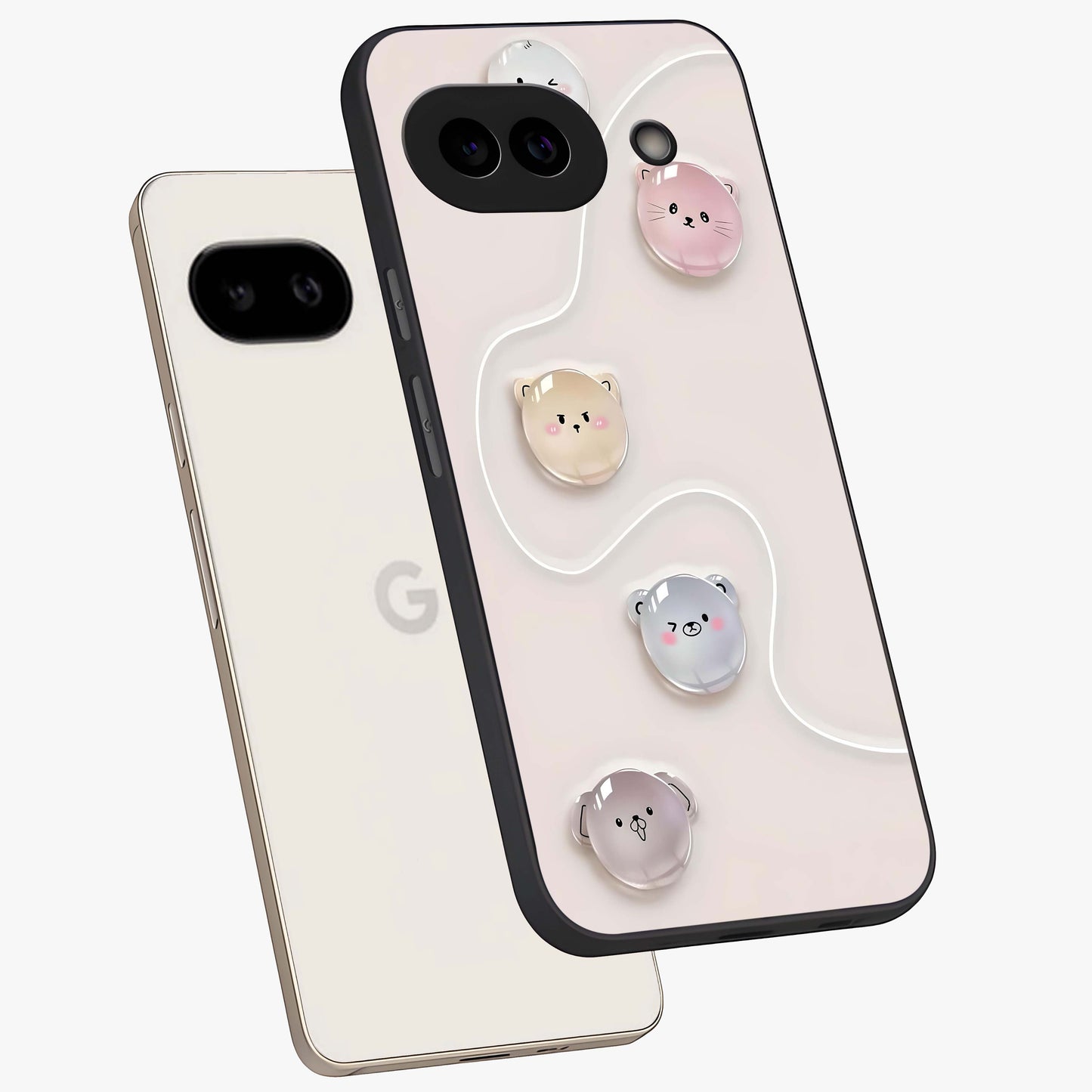 Puffy Face Parade Glass Case displayed in angled mockup highlighting playful cartoon face design with fun aesthetic.