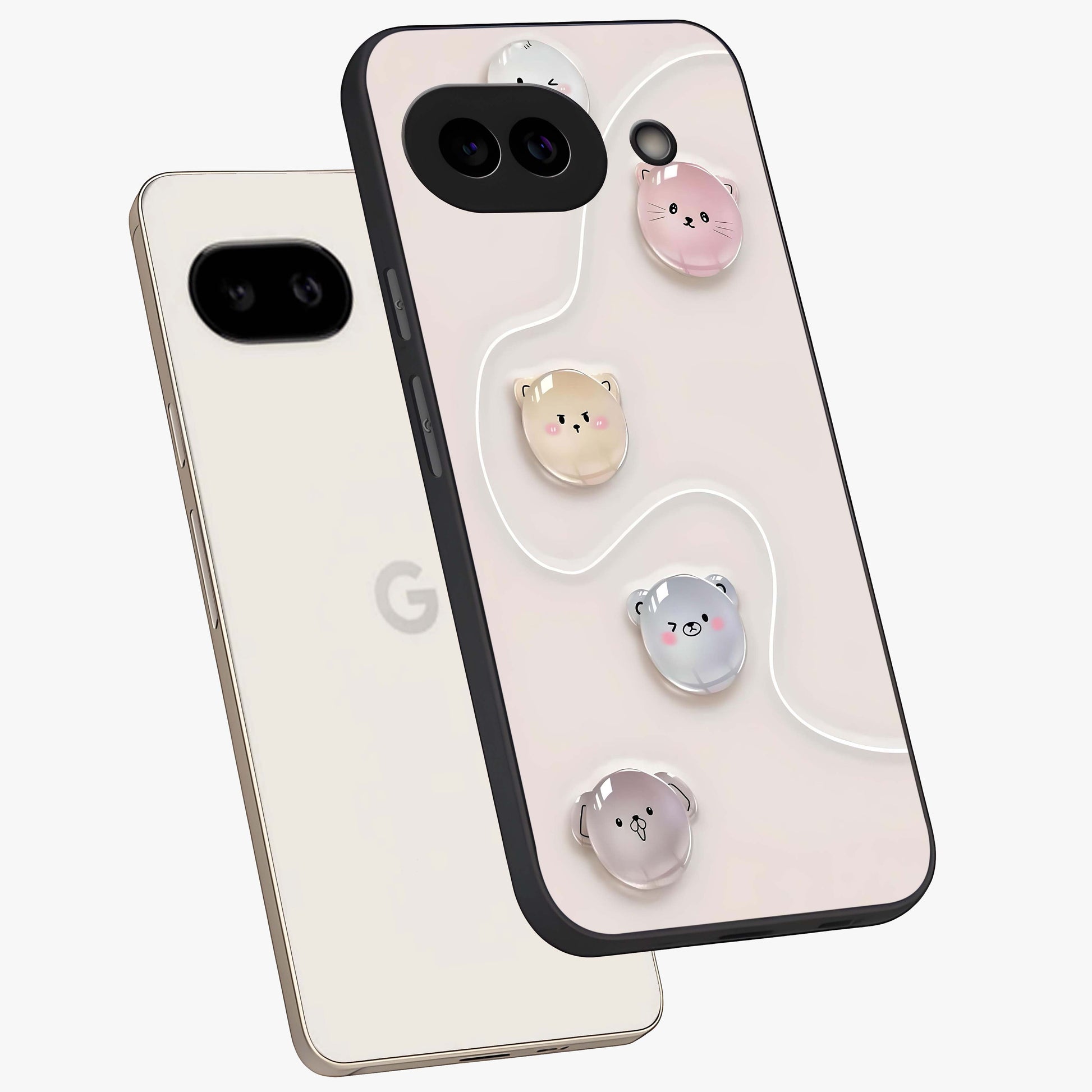 Puffy Face Parade Glass Case displayed in angled mockup highlighting playful cartoon face design with fun aesthetic.