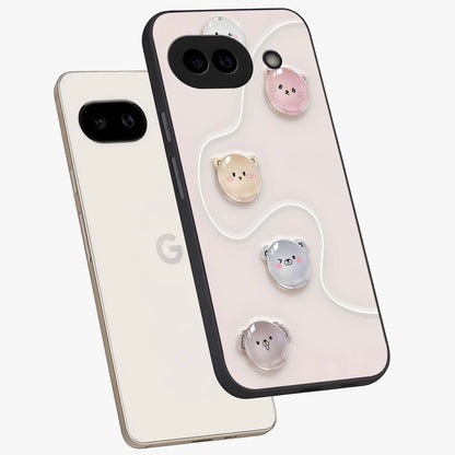 Puffy Face Parade Glass Case displayed in angled mockup highlighting playful cartoon face design with fun aesthetic.