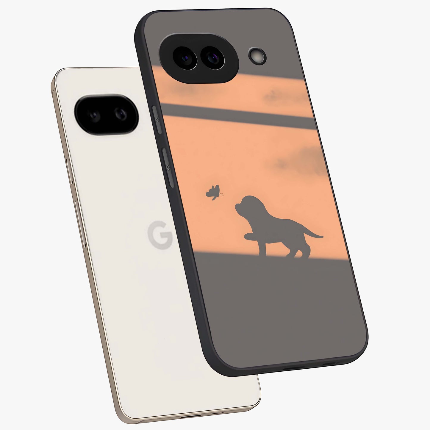 Puppy Shadow Art Glass Case displayed in angled mockup highlighting playful dog illustration with artistic shadow aesthetic.
