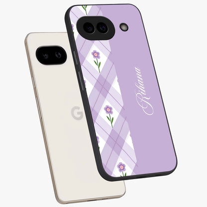 Purple Diamond Floral Glass Case displayed in angled mockup highlighting elegant purple flower design with decorative pattern.