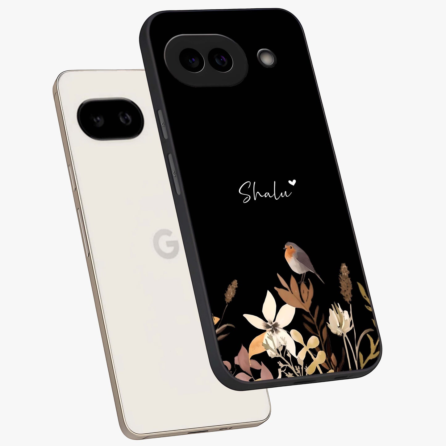 Quiet Garden Tune Custom Name Glass Case displayed in angled mockup highlighting delicate floral garden design with custom name feature.