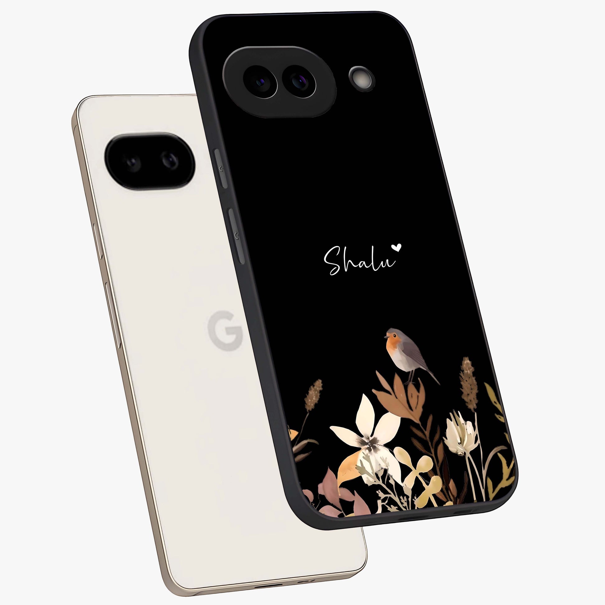 Quiet Garden Tune Custom Name Glass Case displayed in angled mockup highlighting delicate floral garden design with custom name feature.