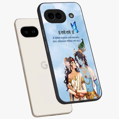 Radha Krishna Eternal Glass Case displayed in angled mockup highlighting divine Radha Krishna illustration with spiritual aesthetic.